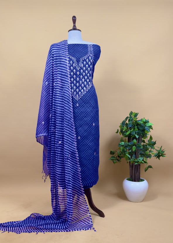 Royal Blue Gotta Patti Embroidered Kota Doria Suit With Lehariya Dupatta