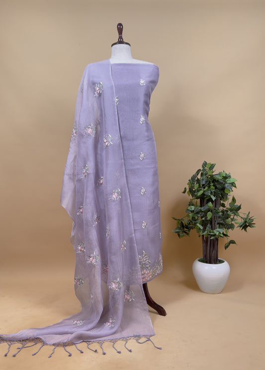 Lavender Embroidered Organza Silk Suit With Dupatta