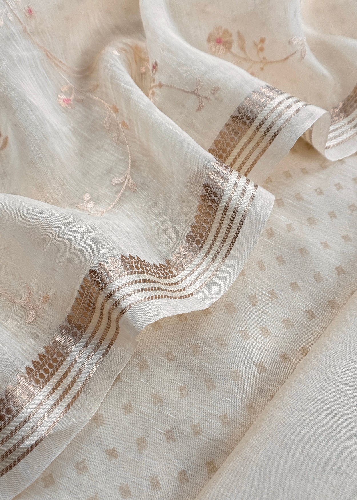 Ivory Pure Linen Silk Suit With Resham Thread Floral Jaal Embroidery