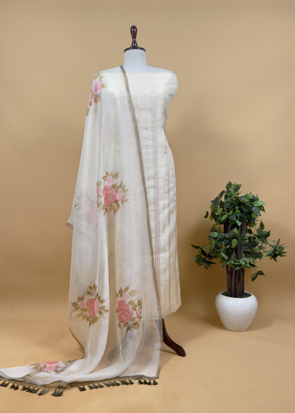 Shell White Pure Organza Embroidered Kurta With Hand painted Dupatta