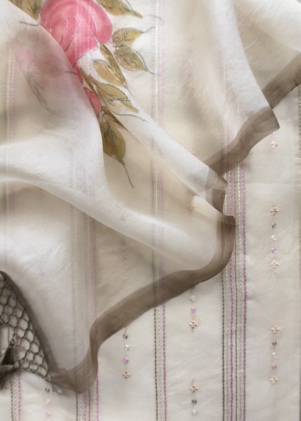 Shell White Pure Organza Embroidered Kurta With Hand painted Dupatta