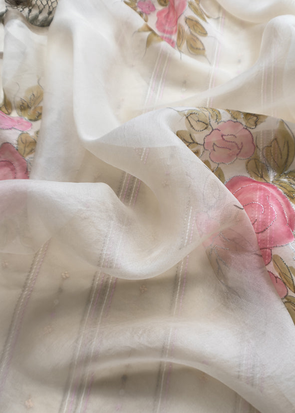 Shell White Pure Organza Embroidered Kurta With Hand painted Dupatta