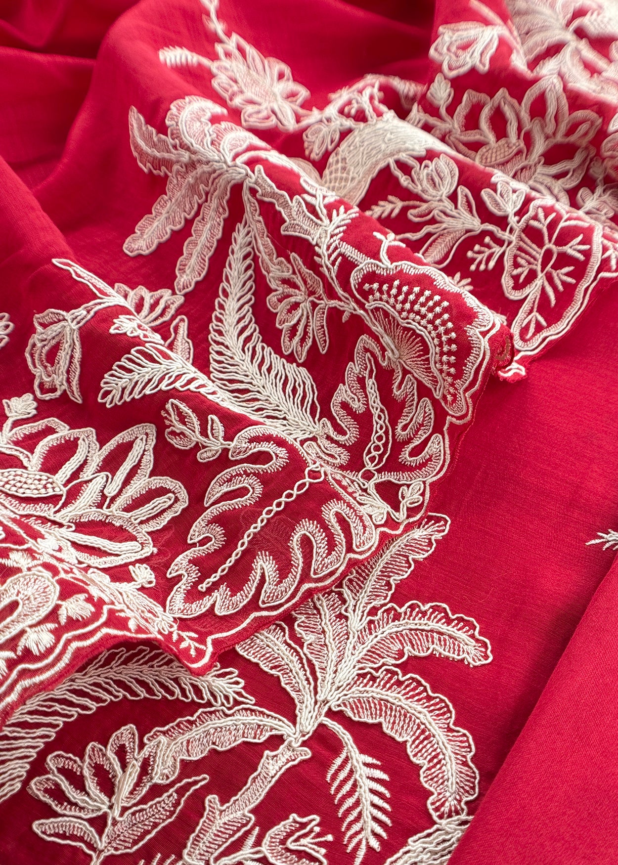 Red Handloom Mulmul Suit With Garden French Embroidery