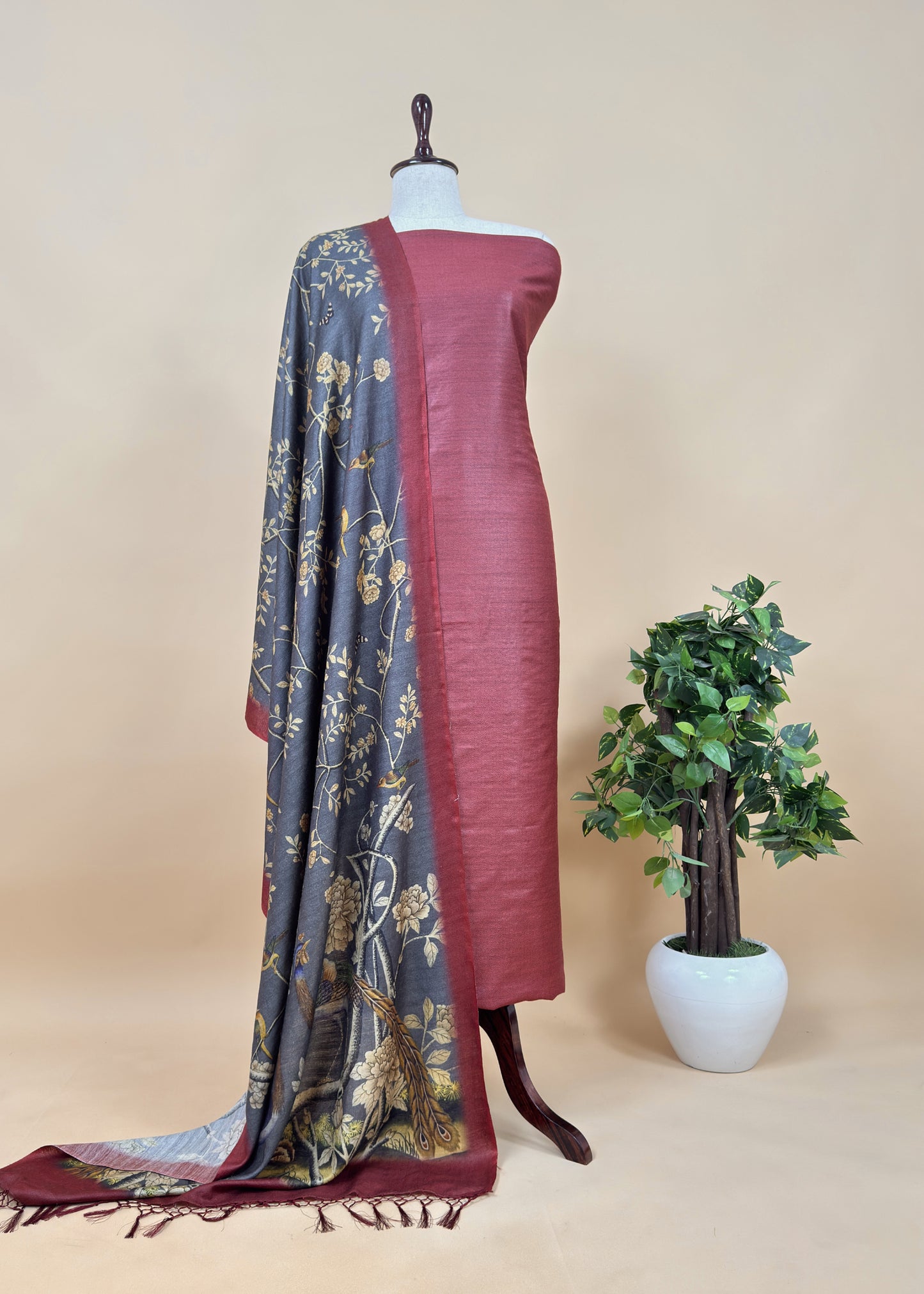 Blue Pure Pashmina Unstitched Suits With Kalamkari Dupatta