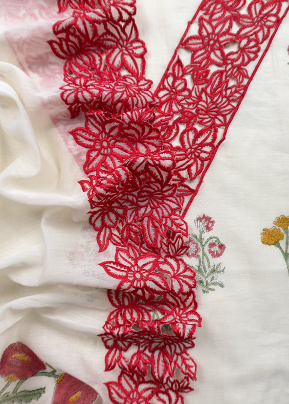 Off White And Red Pure Mul Chanderi Block Print Suit With Laser Cut embroidery