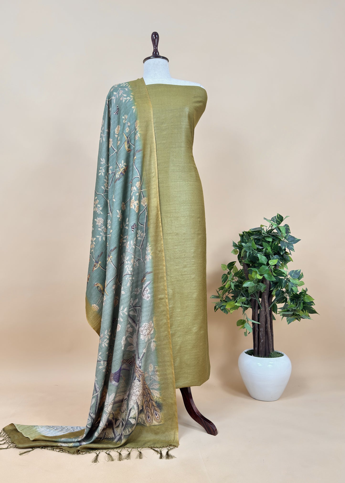 American Brown Pure Pashmina Unstitched Suits With Kalamkari Dupatta