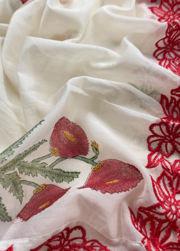 Off White And Red Pure Mul Chanderi Block Print Suit With Laser Cut embroidery