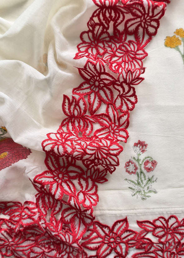Off White And Red Pure Mul Chanderi Block Print Suit With Laser Cut embroidery