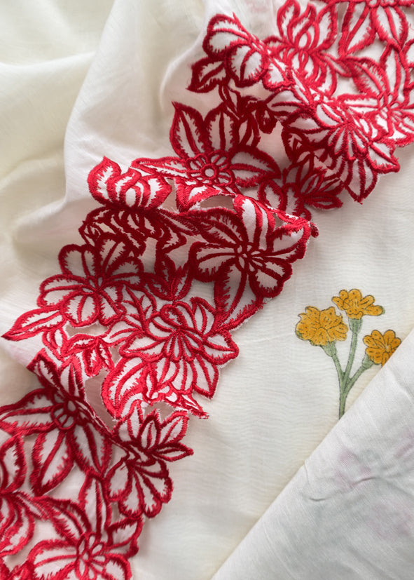 Off White And Red Pure Mul Chanderi Block Print Suit With Laser Cut embroidery