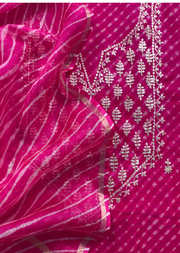 Pink Gotta Patti Embroidered Kota Doria Suit With Lehariya Dupatta