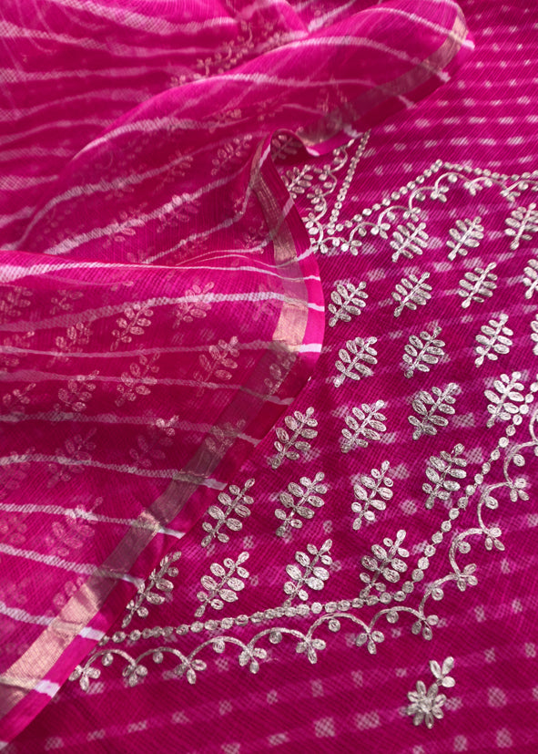 Pink Gotta Patti Embroidered Kota Doria Suit With Lehariya Dupatta