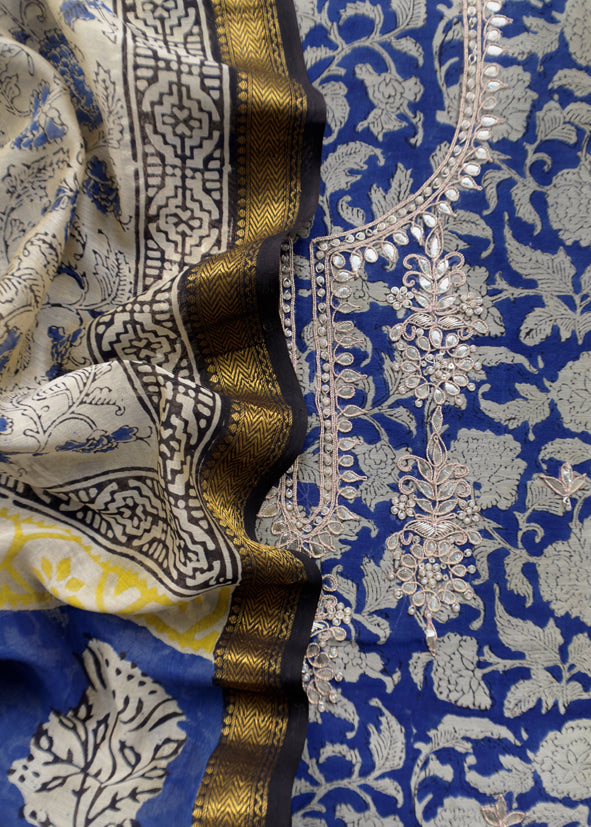 Blue Sanganeri Hand-Blocked Kalamkari Suit With Gota Patti Embroidery