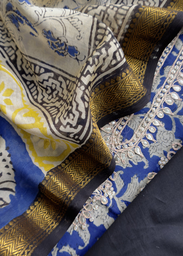 Blue Sanganeri Hand-Blocked Kalamkari Suit With Gota Patti Embroidery