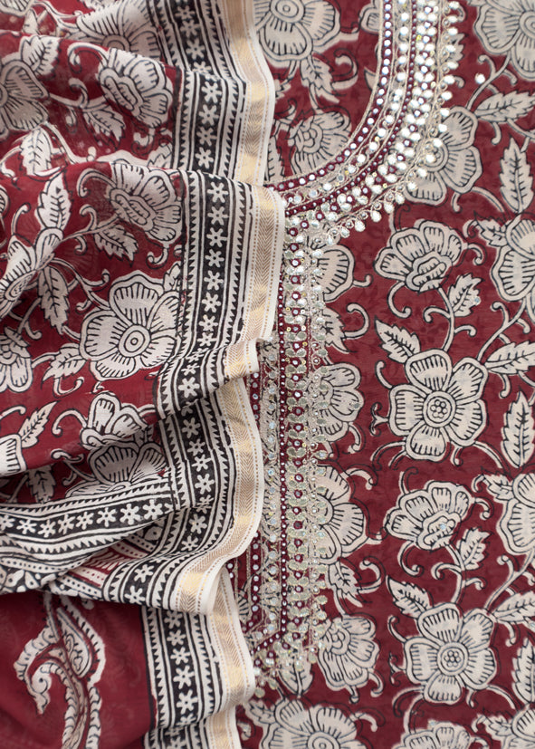 Maroon Sanganeri Hand-Blocked Kalamkari Suit With Gota Patti Embroidery