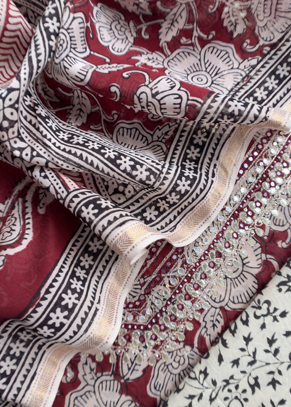 Maroon Sanganeri Hand-Blocked Kalamkari Suit With Gota Patti Embroidery