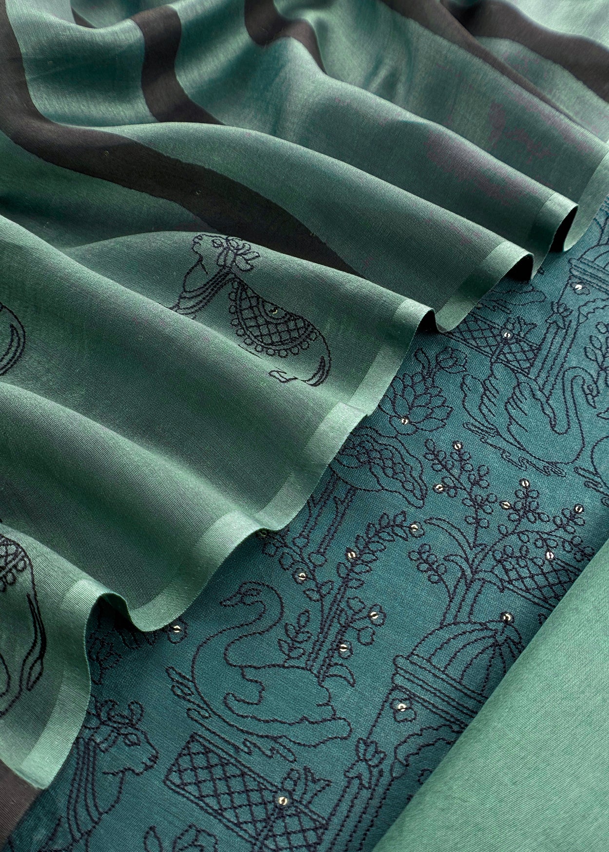 Green Banarasi Chanderi Unstitched Suit With Dupatta
