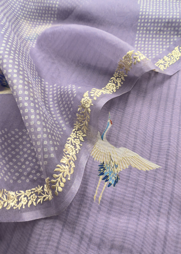 Purple Pure Organza Silk Suit With Bandhani Print Dupatta