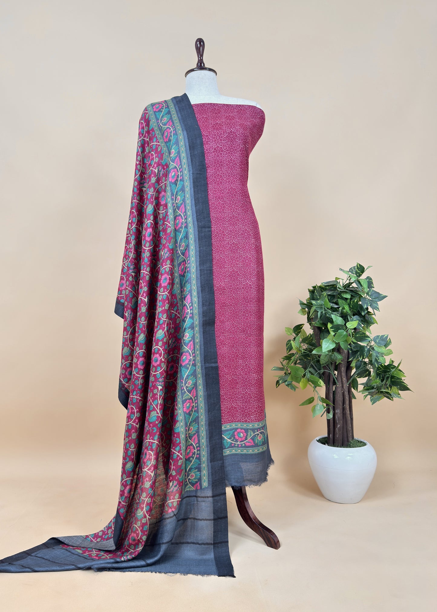 Turquoise Pure Pashmina Suit fabric with Kalamkari Brush print