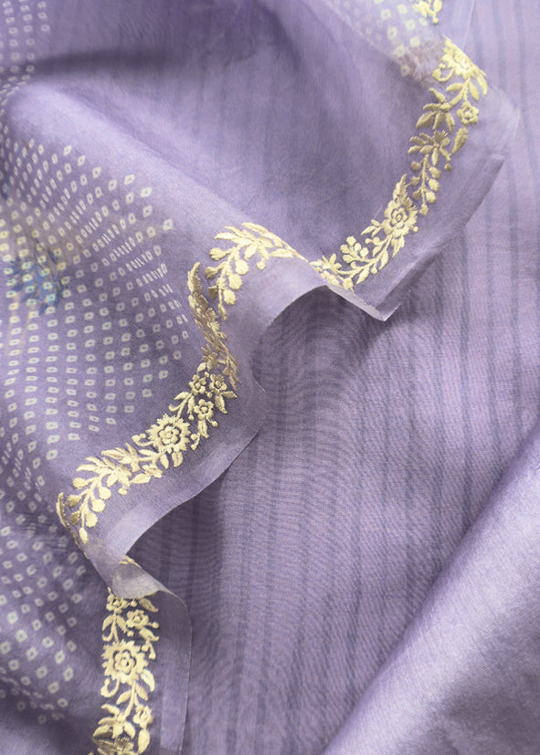 Purple Pure Organza Silk Suit With Bandhani Print Dupatta