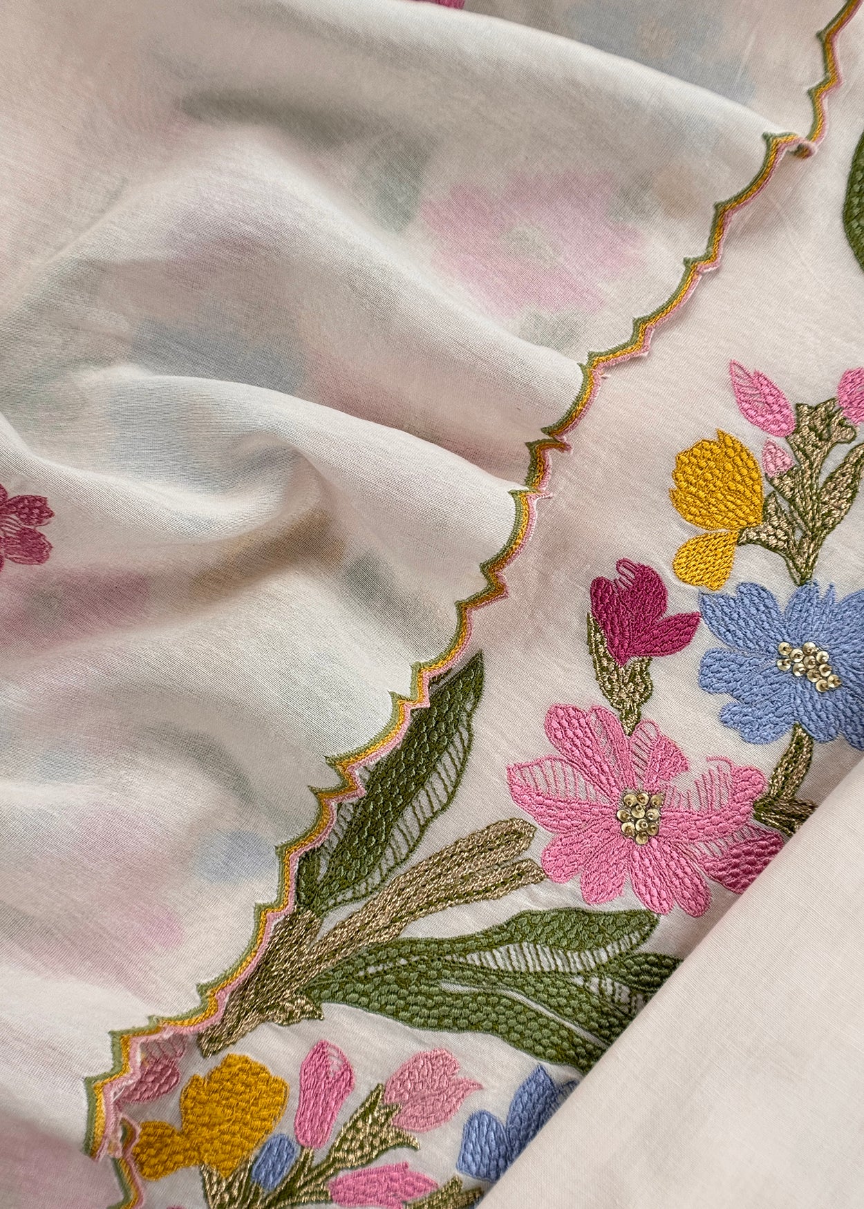 White Handloom Chanderi Silk With Floral Thread Embroidery