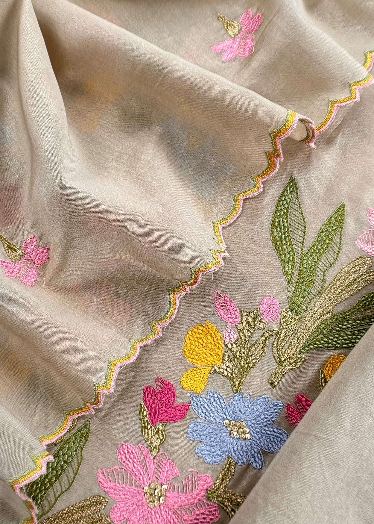 Beige Handloom Chanderi Silk With Floral Thread Embroidery