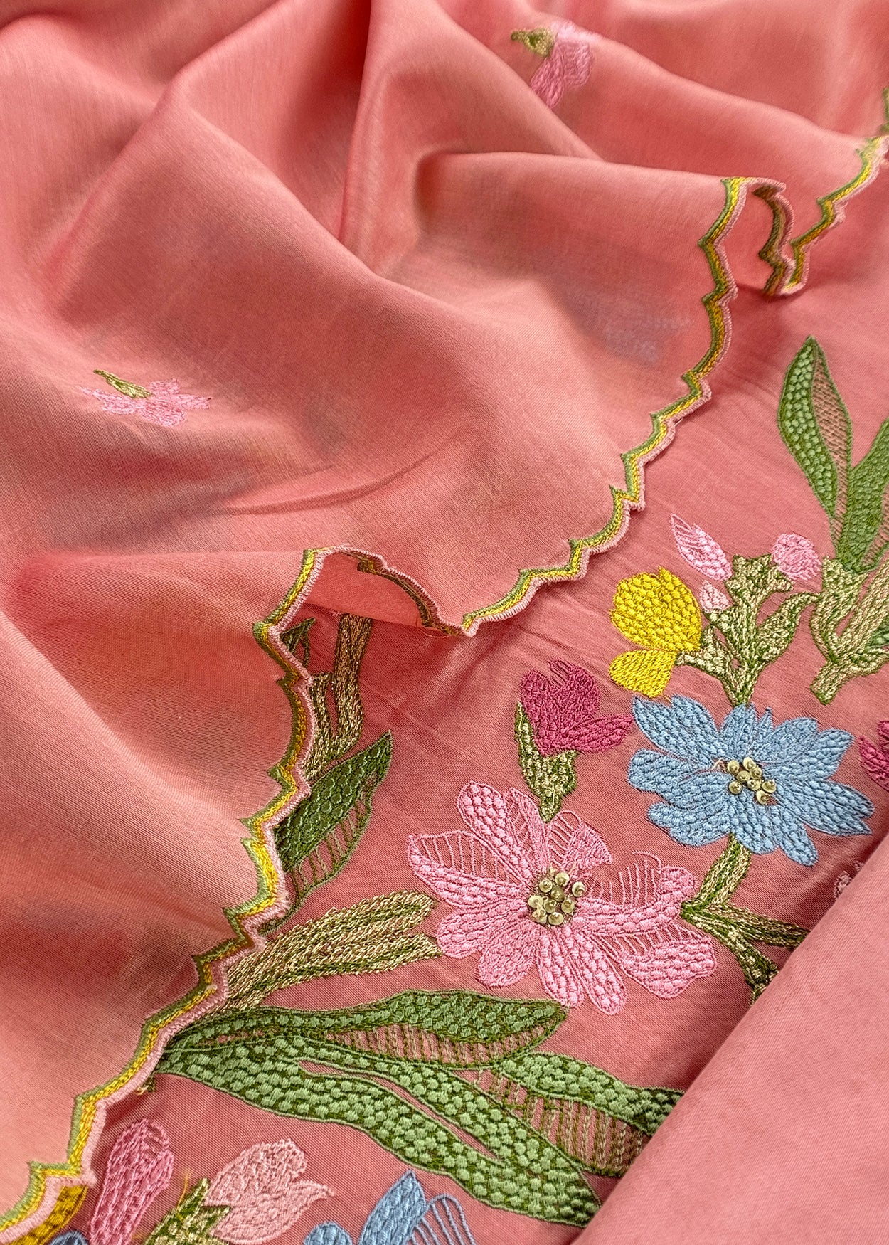 Peach Handloom Chanderi Silk With Floral Thread Embroidery