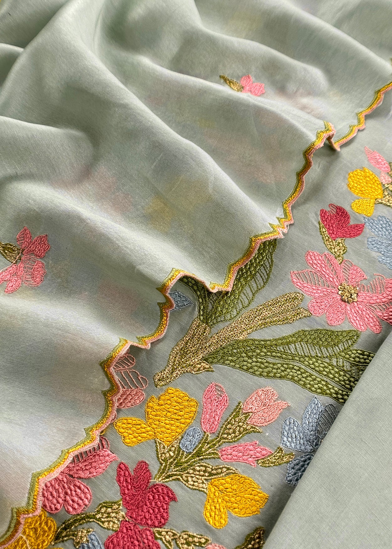 Sage Green Handloom Chanderi Silk With Floral Thread Embroidery