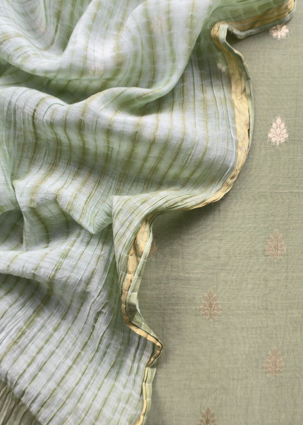 Sage Green Banarasi Chanderi Handloom Suit Set With Shibori Dupatta