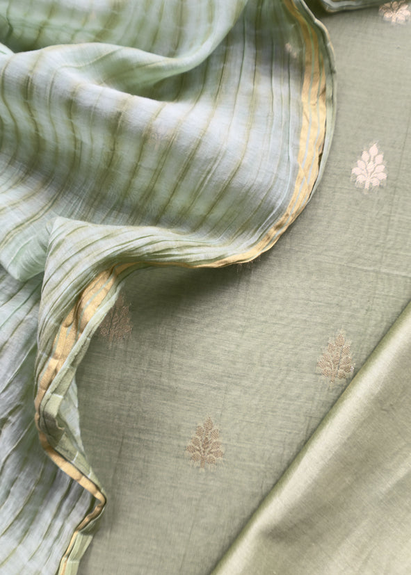 Sage Green Banarasi Chanderi Handloom Suit Set With Shibori Dupatta