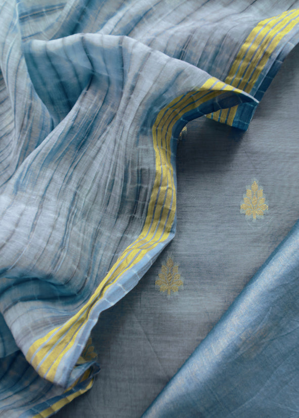 Blue Banarasi Chanderi Handloom Suit Set With Shibori Dupatta