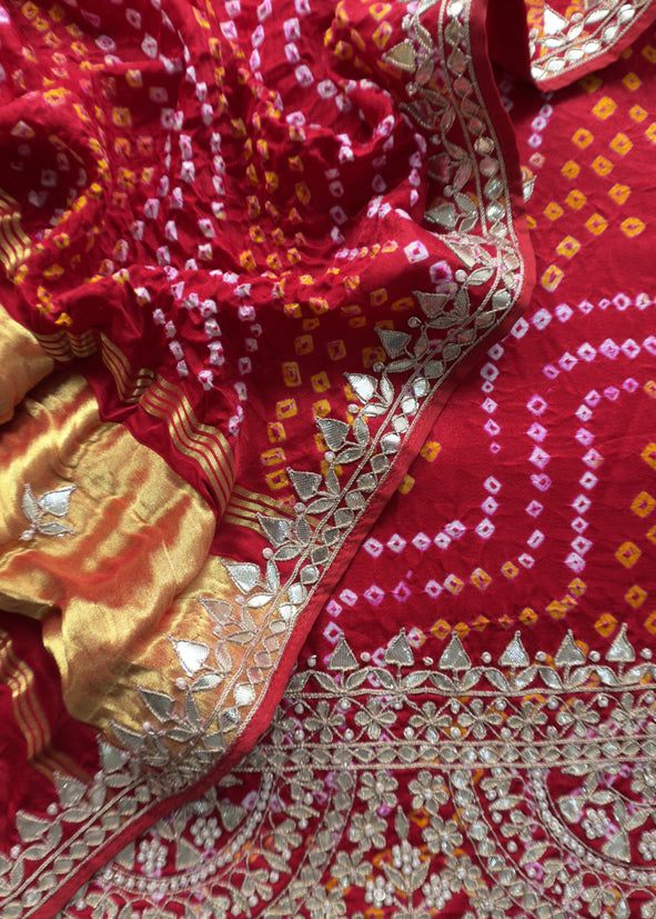 Rangreza Bandhej Red Handloom Gajji Silk Suit With Weaving And Gota Patti Handwork