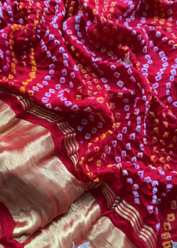 Rangreza Bandhej Red Handloom Gajji Silk Suit With Weaving And Gota Patti Handwork