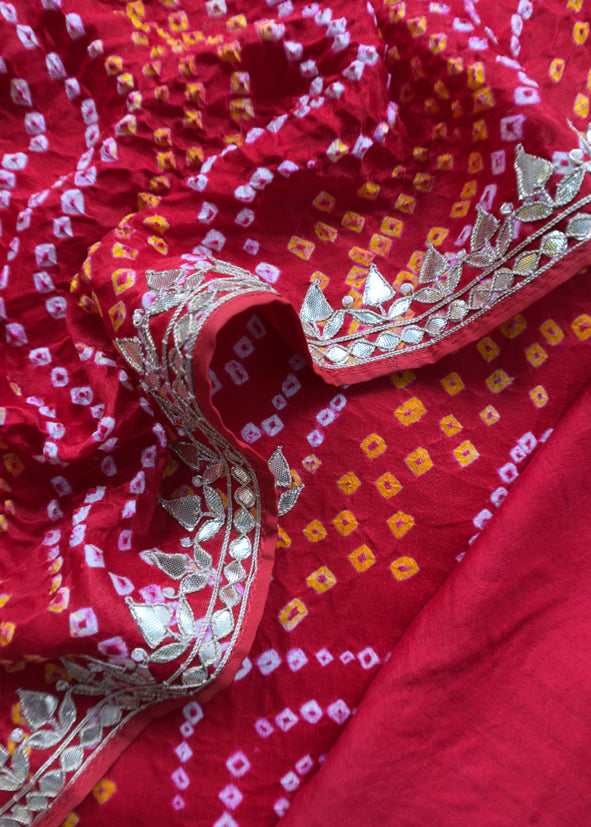 Rangreza Bandhej Red Handloom Gajji Silk Suit With Weaving And Gota Patti Handwork