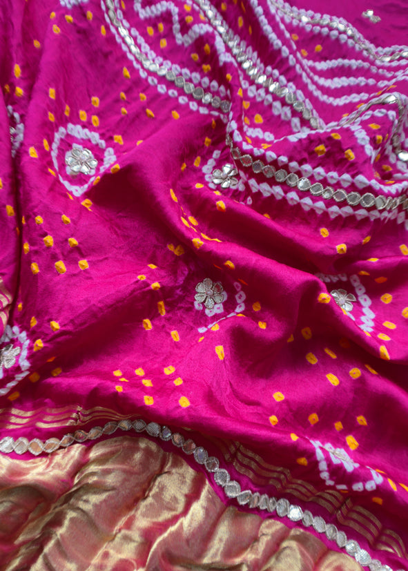 Rangreza Bandhani Yellow and Rani Pink Handloom Gajji Silk Suit with Weaving and Gotta Patti Handwork