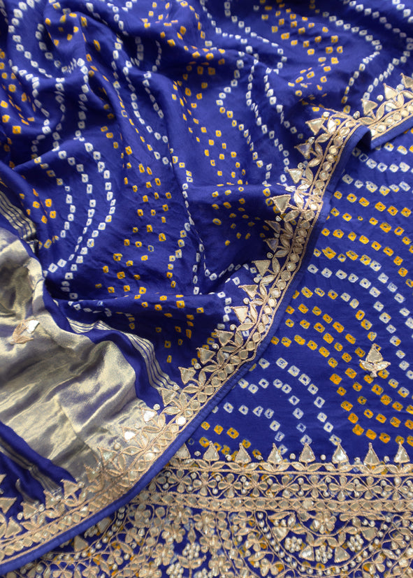 Rangreza Bandhej Blue Handloom Gajji Silk Suit With Weaving And Gota Patti Handwork