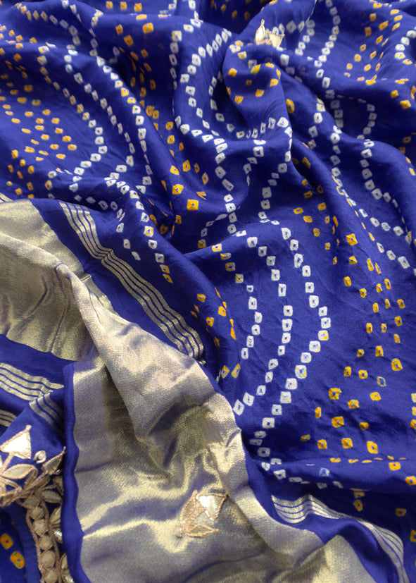 Rangreza Bandhej Blue Handloom Gajji Silk Suit With Weaving And Gota Patti Handwork