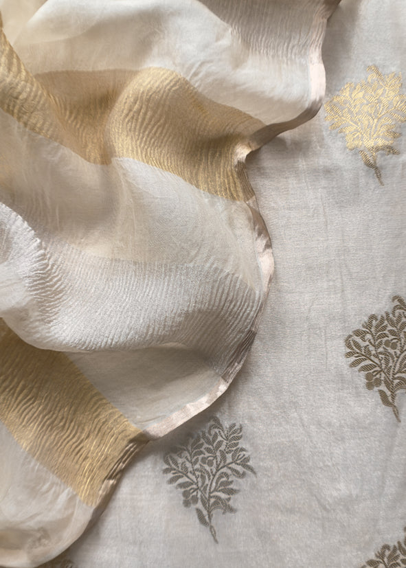 Off White Handloom Banarasi Unstitched Suit In Kora Tissue Silk