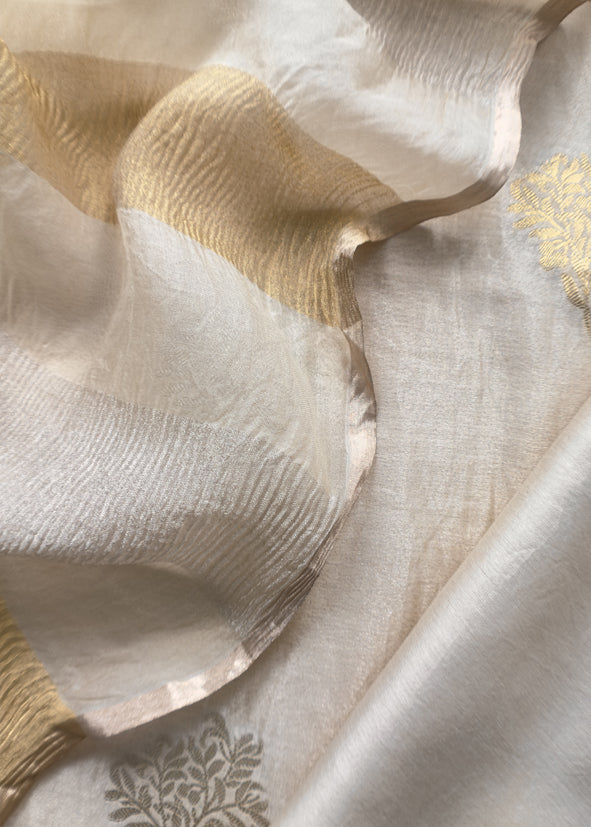Off White Handloom Banarasi Unstitched Suit In Kora Tissue Silk
