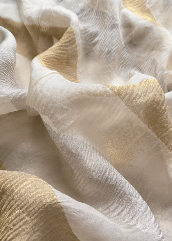 Off White Handloom Banarasi Unstitched Suit In Kora Tissue Silk