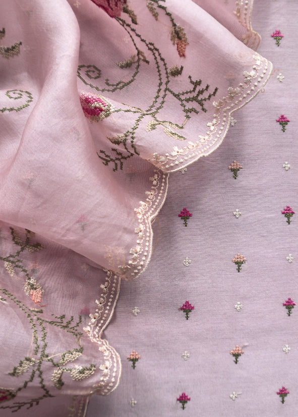 Pink Pure Mul Chanderi Suit With Resham Thread Embroidered
