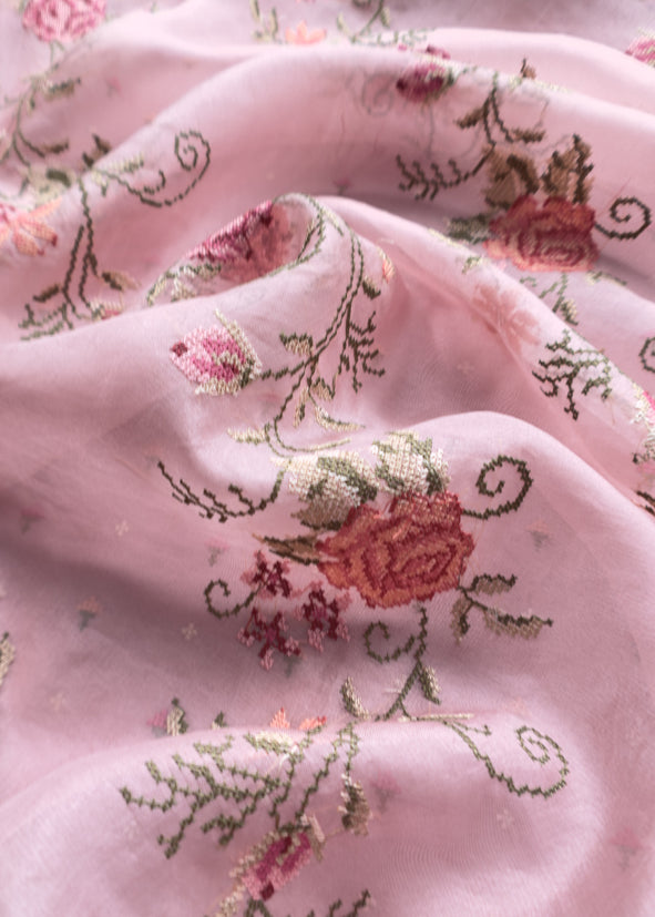 Pink Pure Mul Chanderi Suit With Resham Thread Embroidered