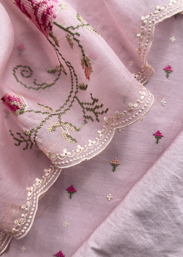 Pink Pure Mul Chanderi Suit With Resham Thread Embroidered