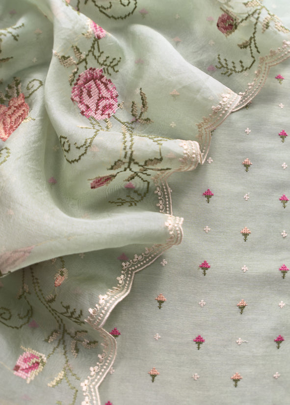 Sea Green Pure Mul Chanderi Suit With Resham Thread Embroidered