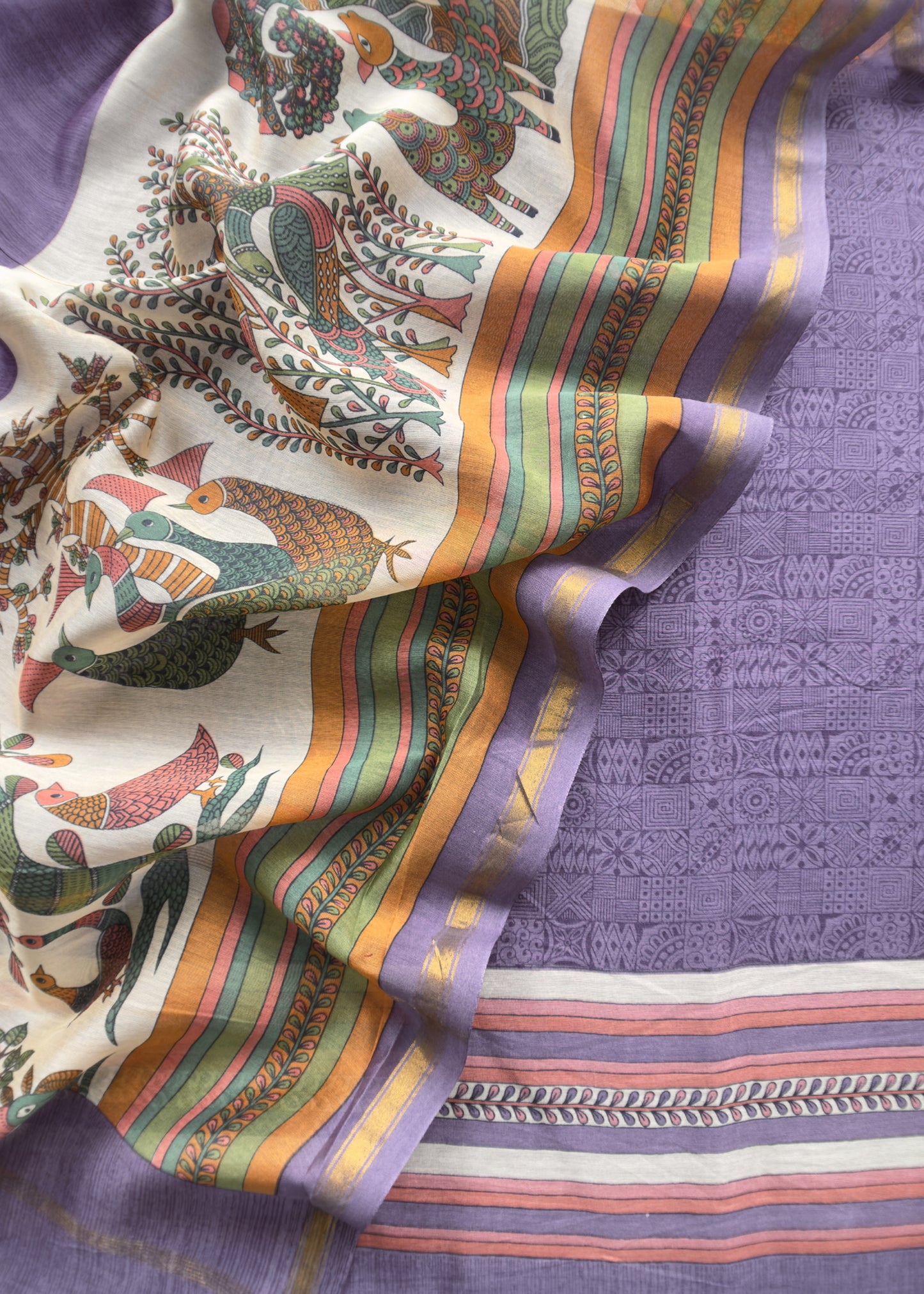 Iris Purple Handloom Madhubani Print Maheshwari Silk Suit Set