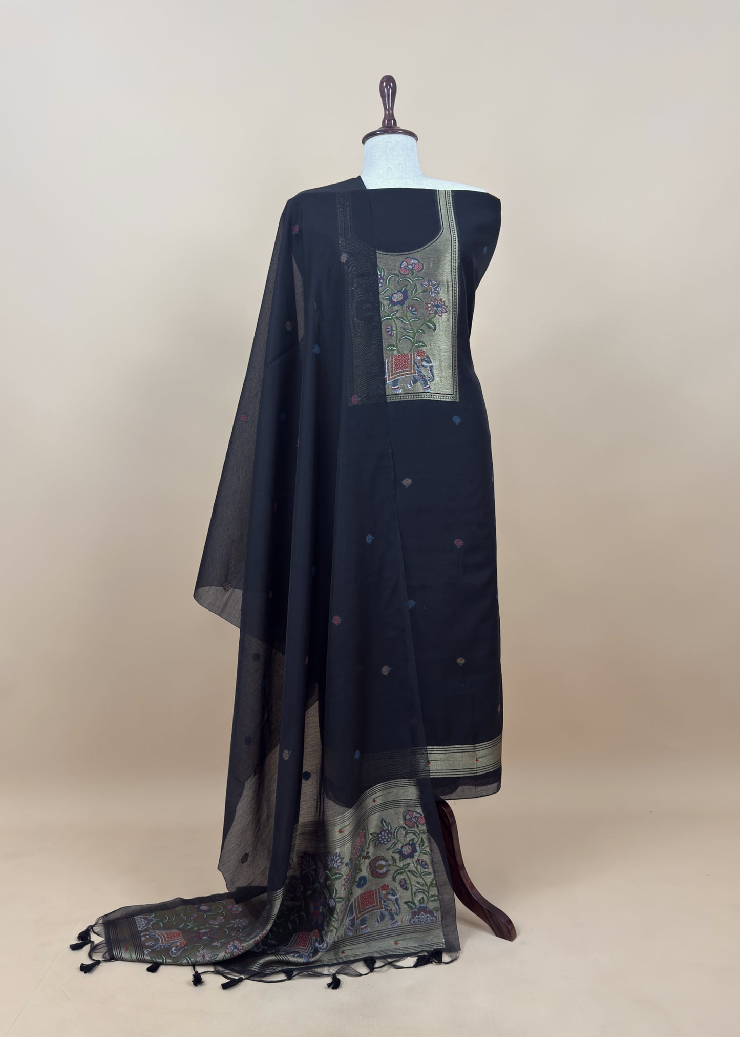 Navy Blue Jamdani Woven Unstitched Suit With Paithani Work