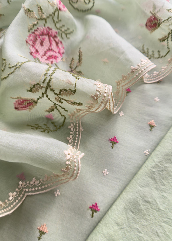 Sea Green Pure Mul Chanderi Suit With Resham Thread Embroidered