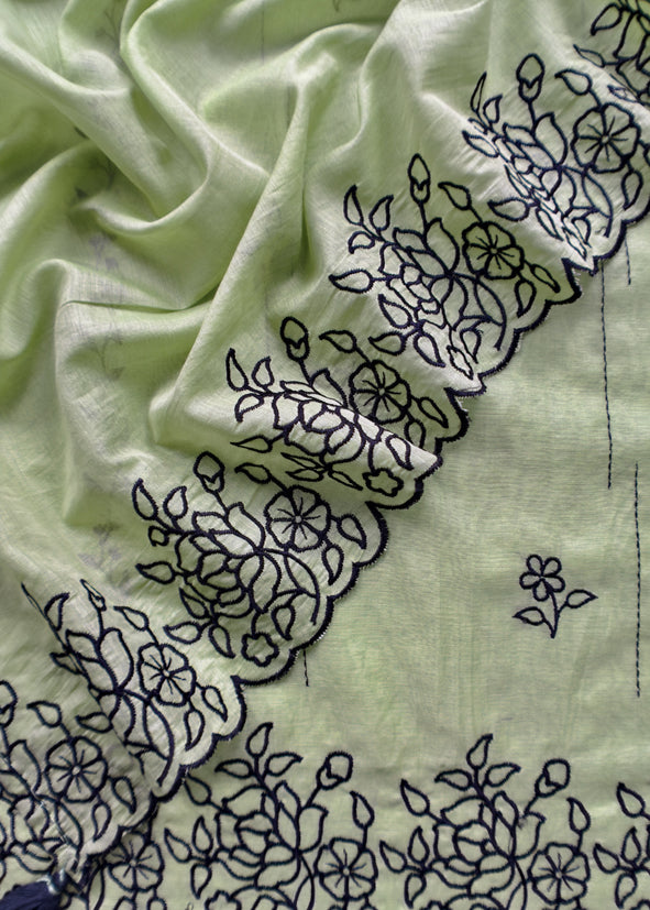 Olive Green Mul Chanderi Suit With Embroidery