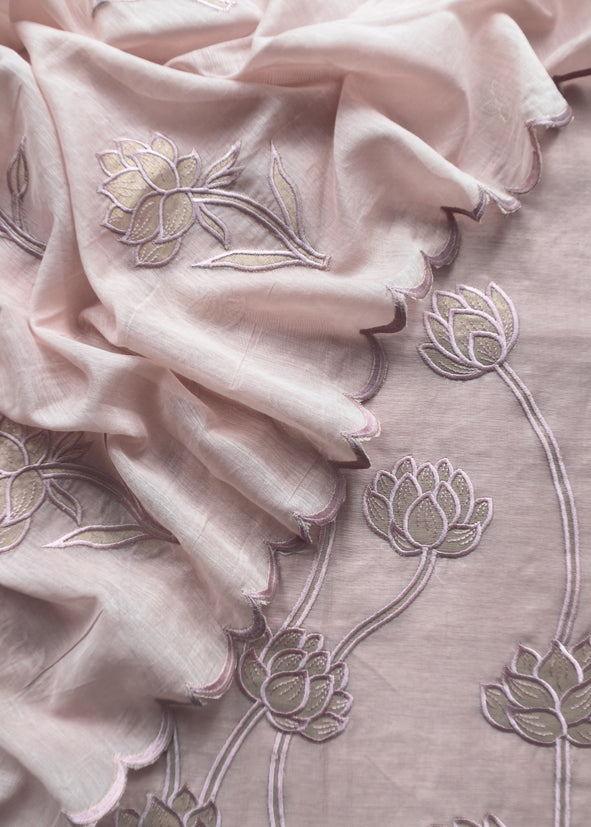 Pastel Pink Mul Cotton Suit With Lotus Appliqué Work