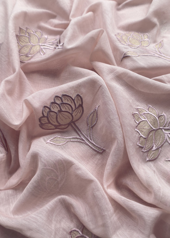 Pastel Pink Mul Cotton Suit With Lotus Appliqué Work