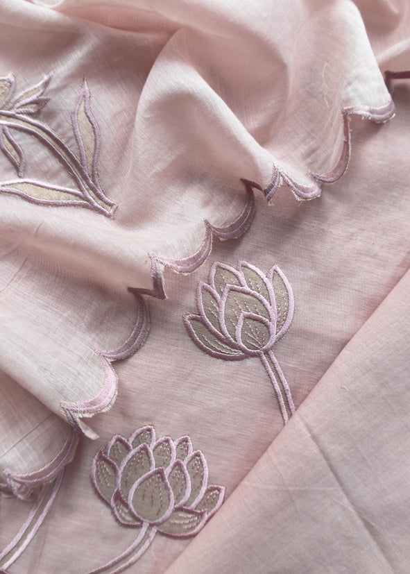 Pastel Pink Mul Cotton Suit With Lotus Appliqué Work